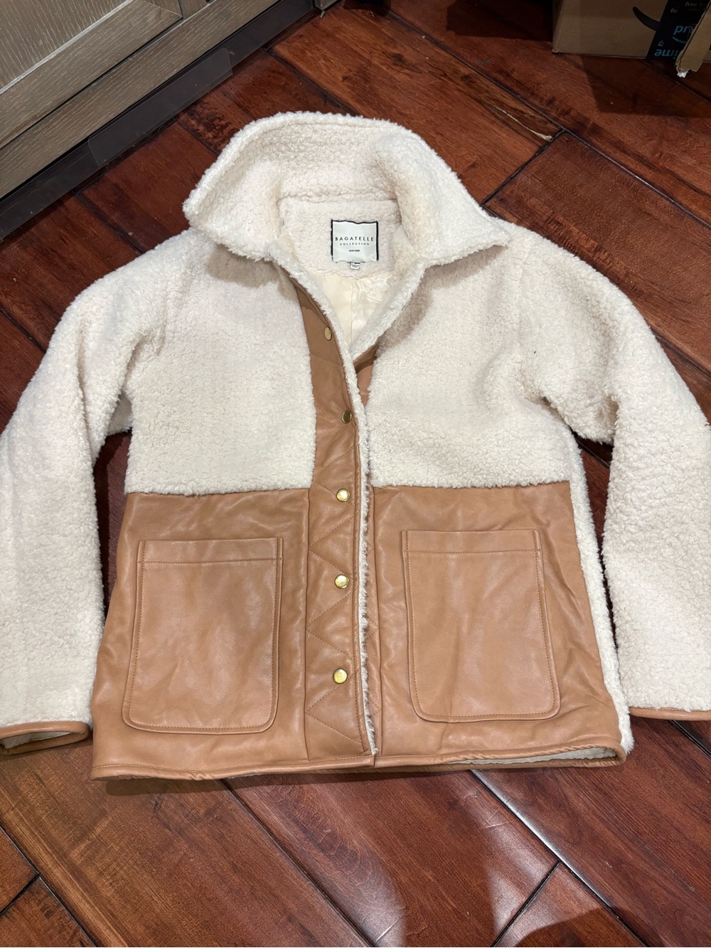 bagatelle Cream Sherpa Jacket with Tan Leather-Trim